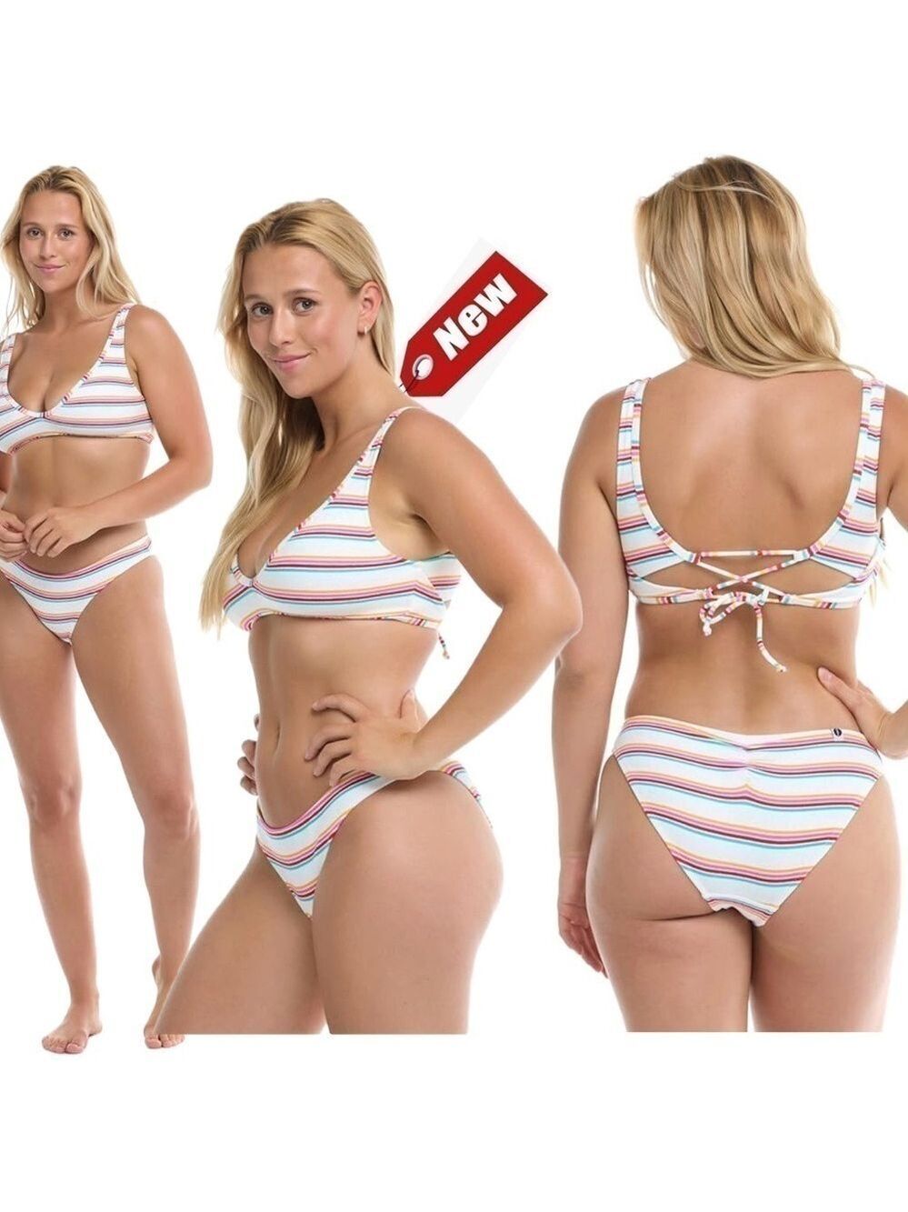 EIDON Women's white striped Color Field Bikini Swimsuit Sz S/DD NWT